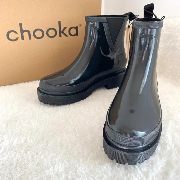 Chooka Women's Classic Tie Bootie – Waterproof Chelsea Rain Boot, Matte Black, Almond Toe